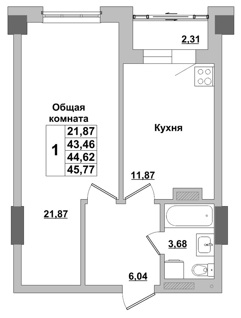 1 комн., 44.62 м²