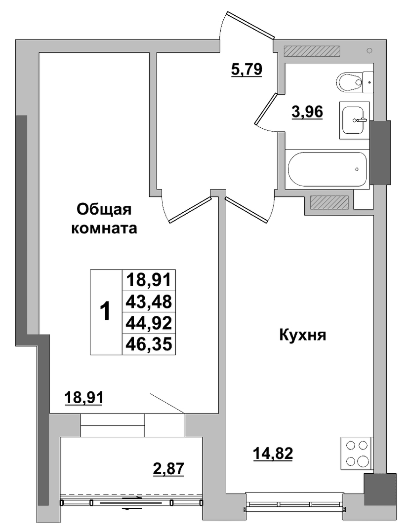 1 комн., 44.92 м²