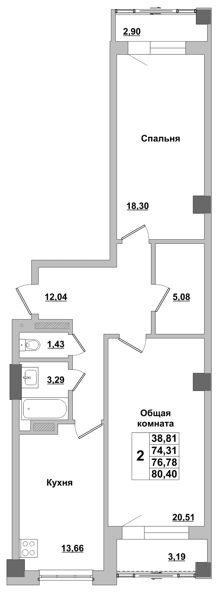 2 комн., 76.78 м²