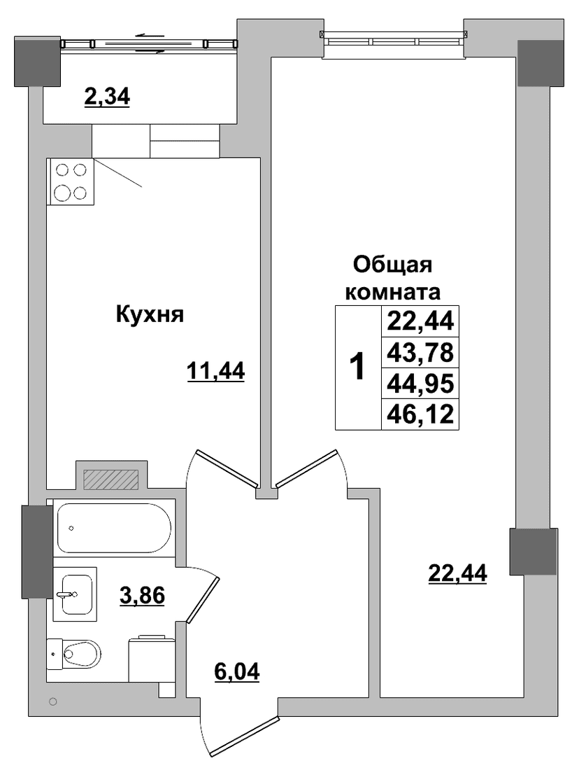 1 комн., 44.95 м²