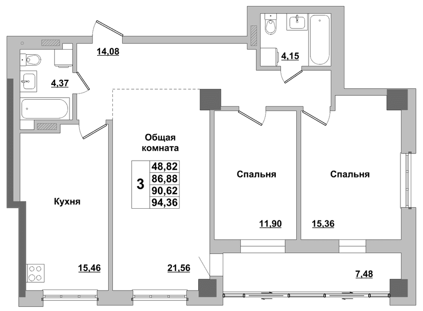 3 комн., 90.62 м²