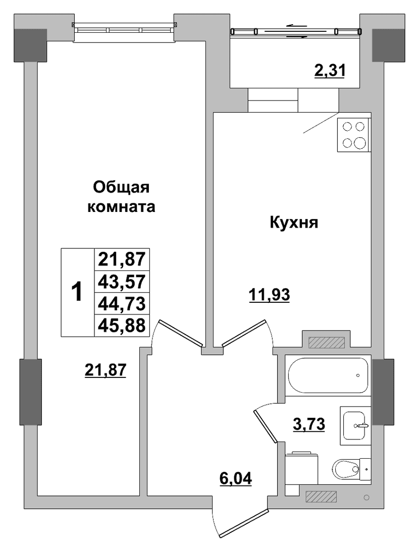 1 комн., 44.73 м²