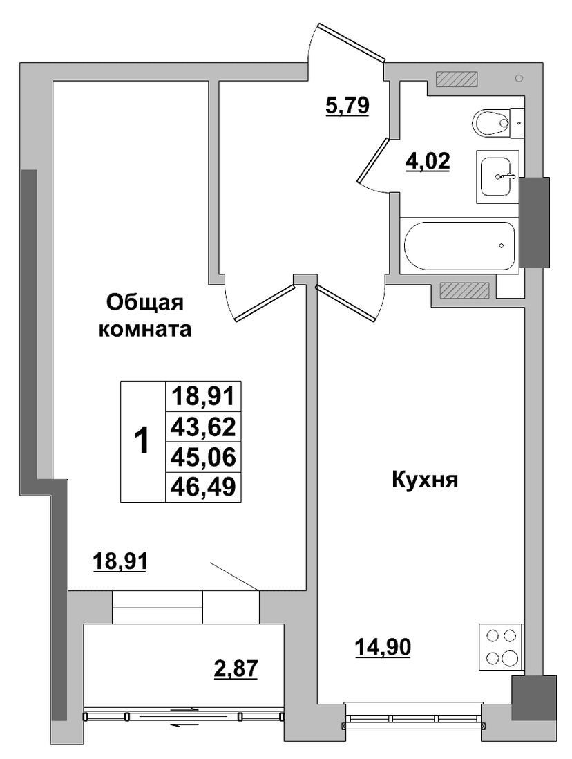 1 комн., 45.06 м²