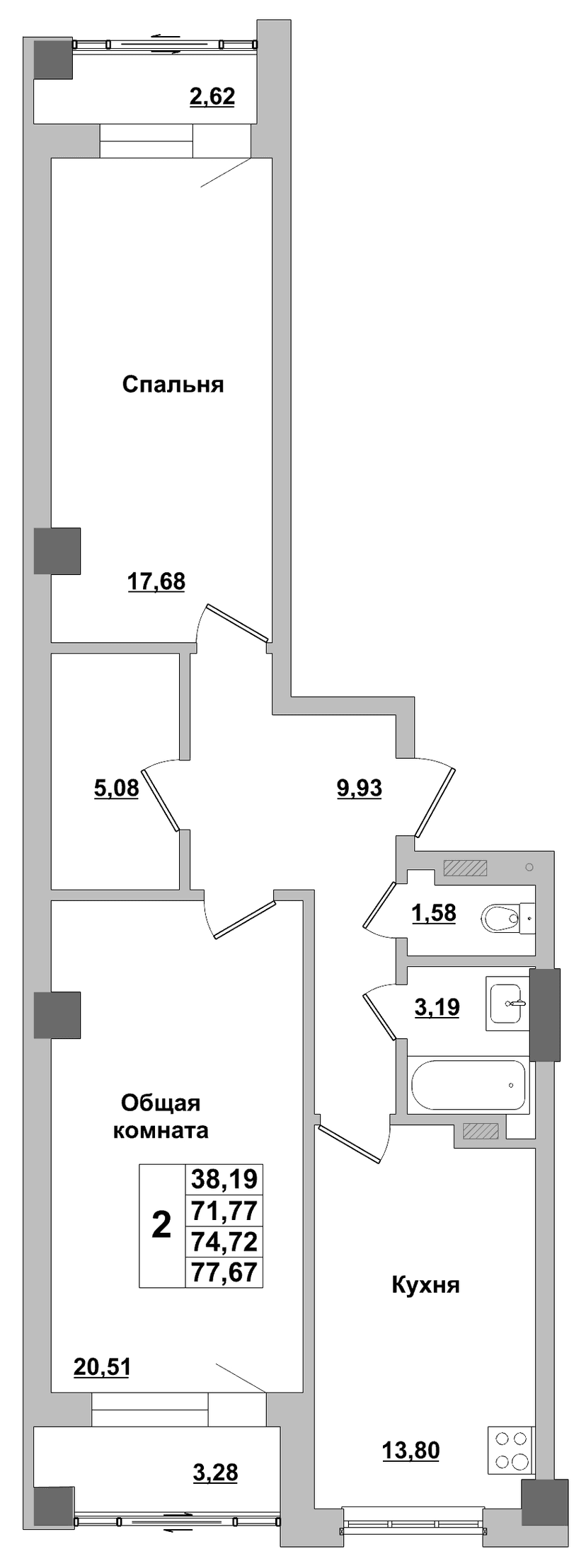 2 комн., 74.72 м²