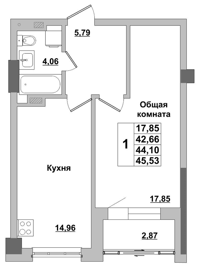 1 комн., 44.10 м²
