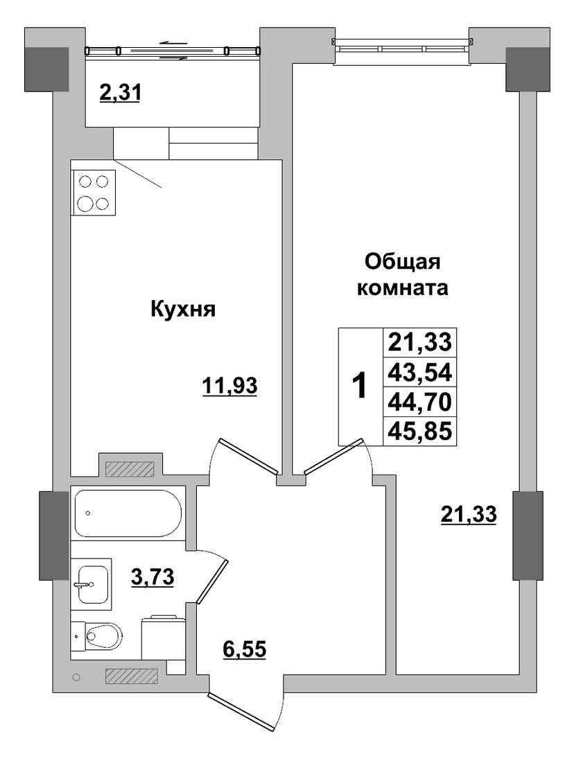 1 комн., 44.70 м²