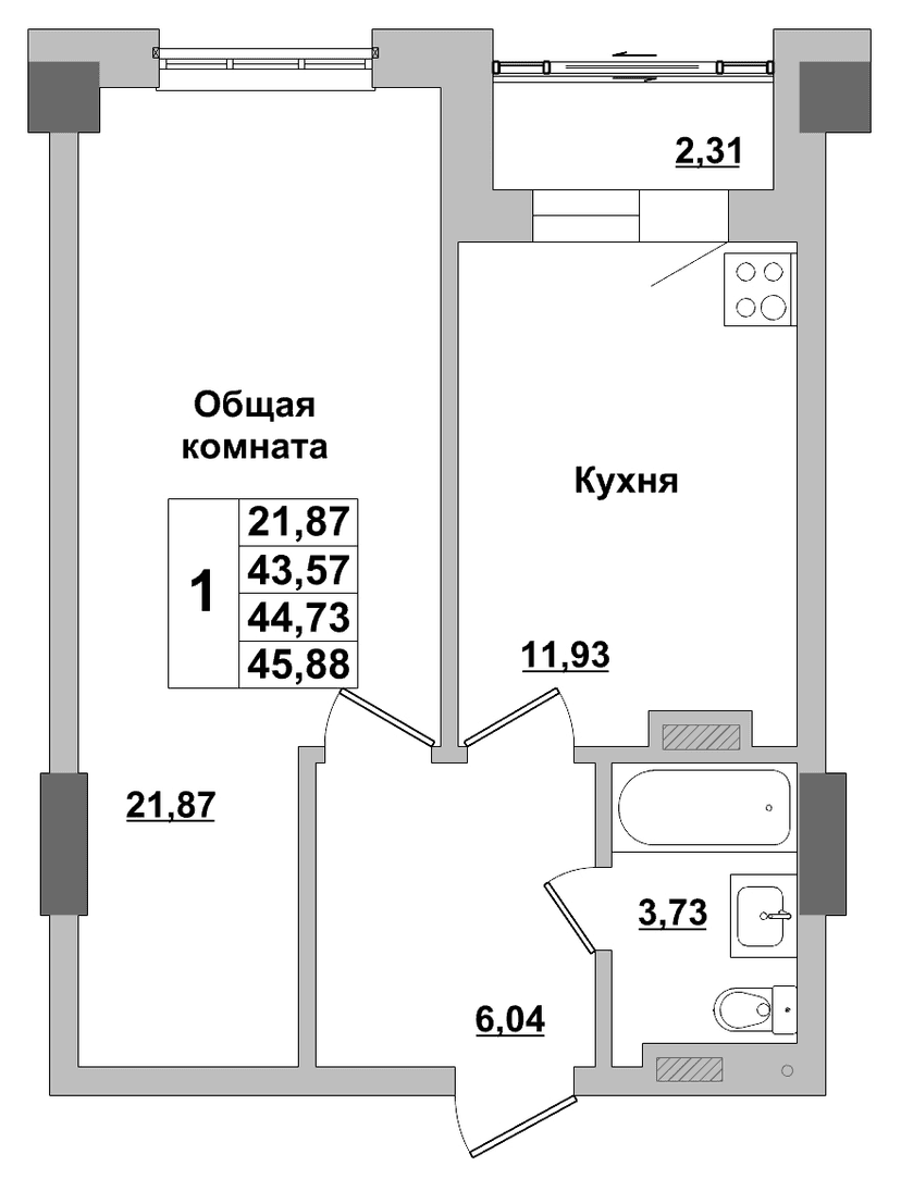 1 комн., 44.73 м²