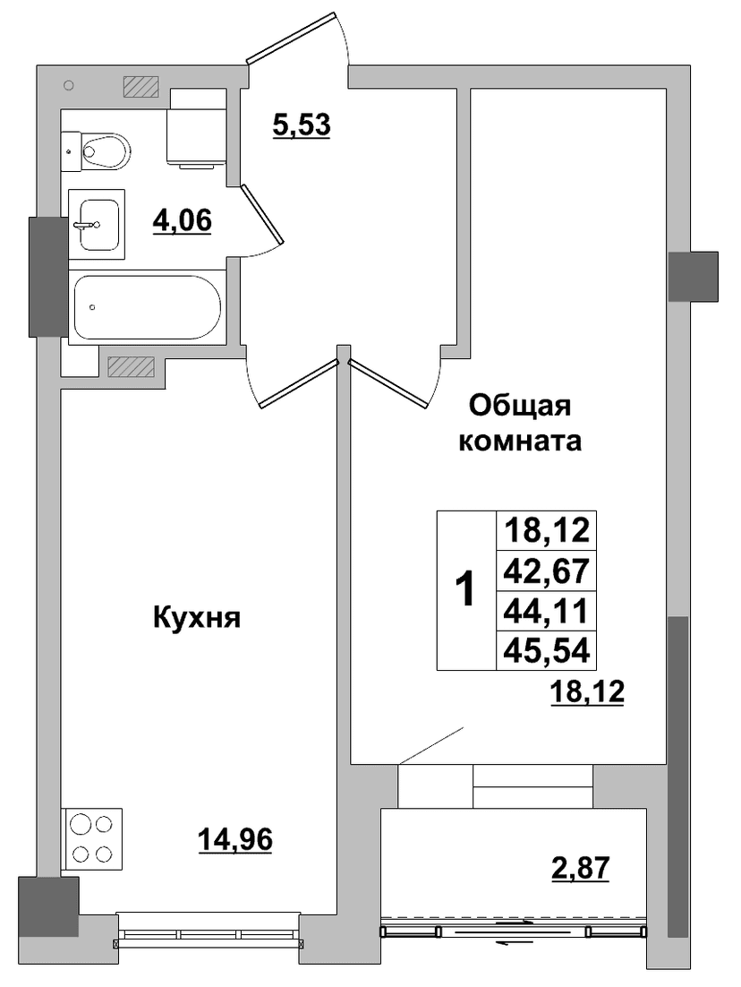 1 комн., 44.11 м²