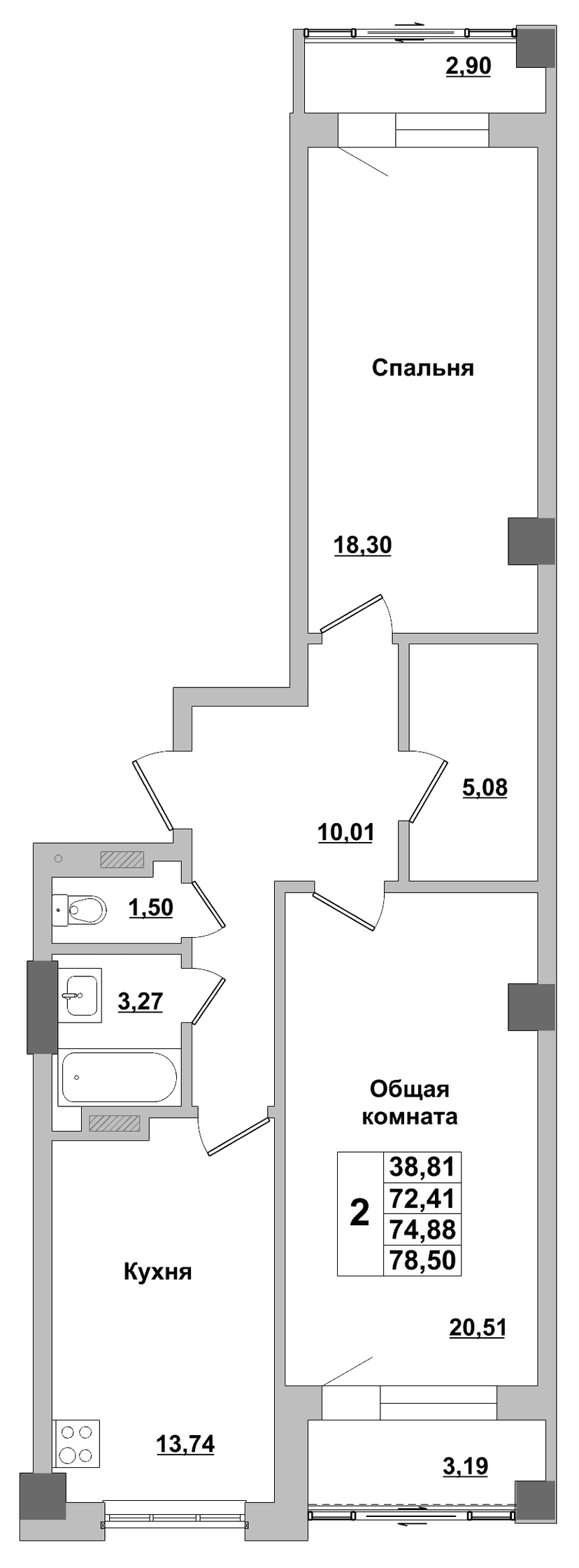 2 комн., 74.88 м²