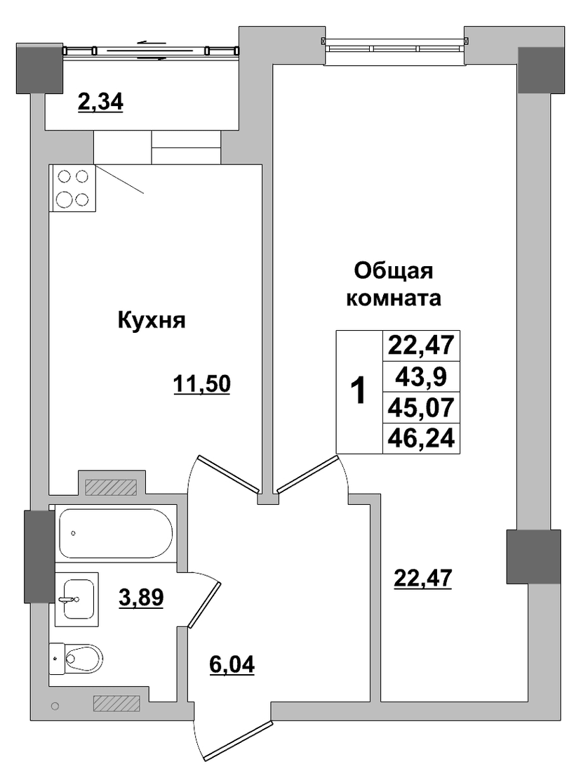 1 комн., 45.07 м²