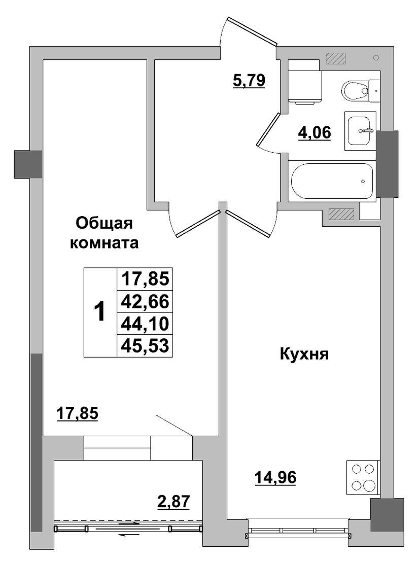 1 комн., 44.10 м²