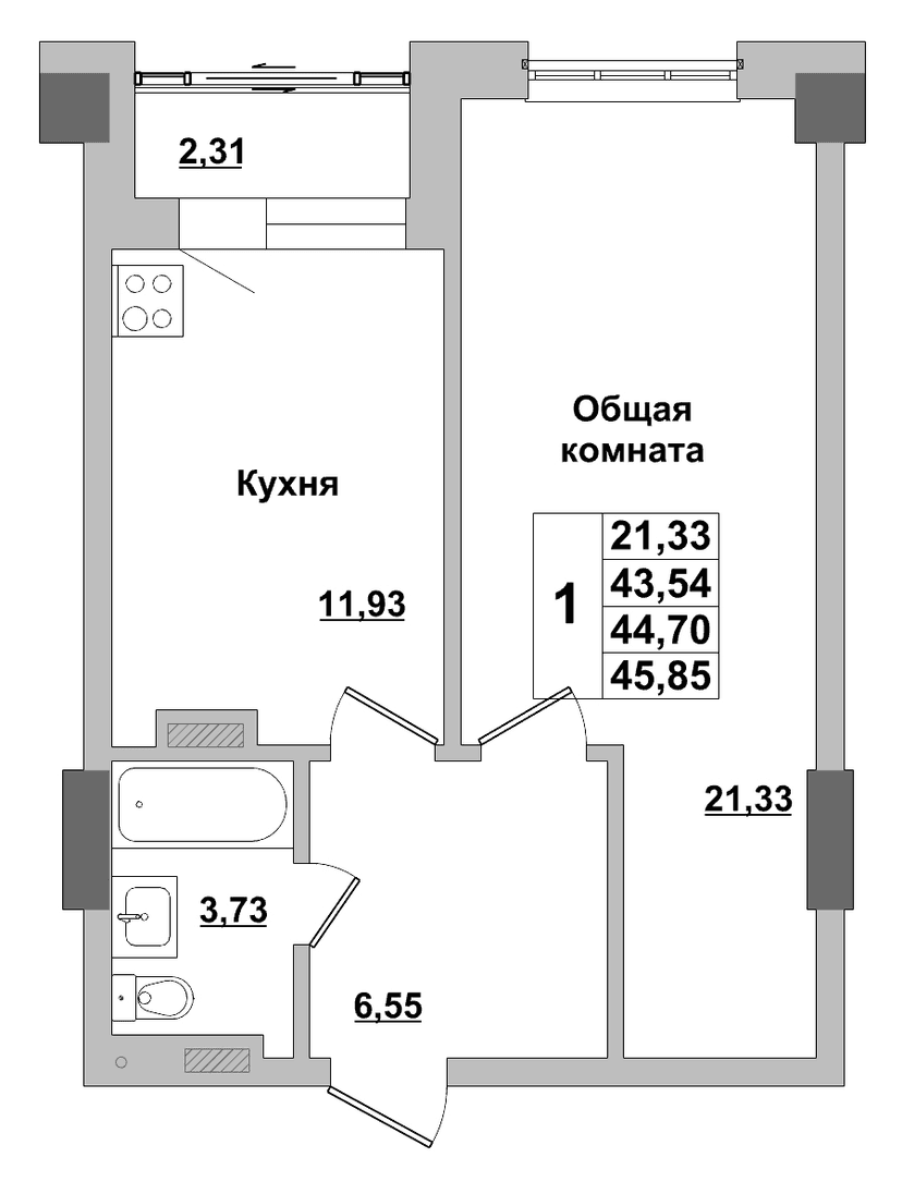 1 комн., 44.70 м²