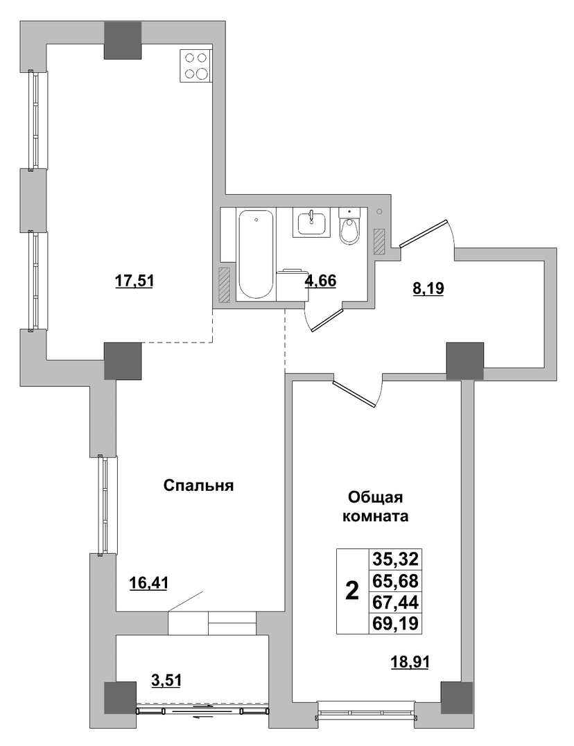 2 комн., 67.44 м²