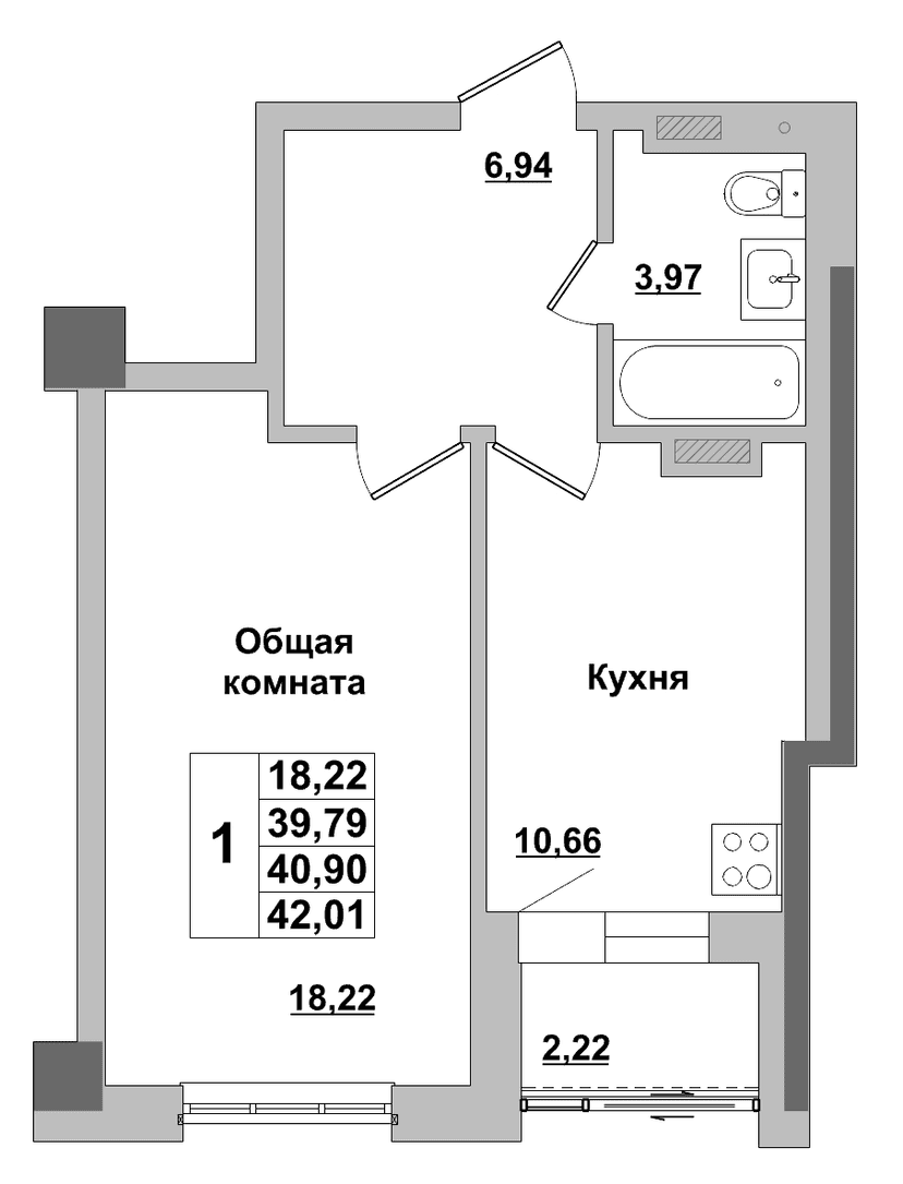 1 комн., 40.90 м²