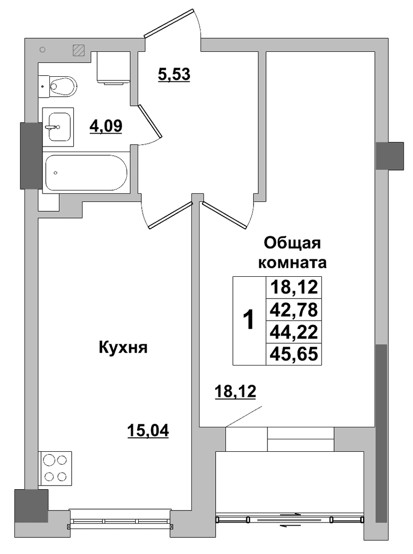 1 комн., 44.22 м²