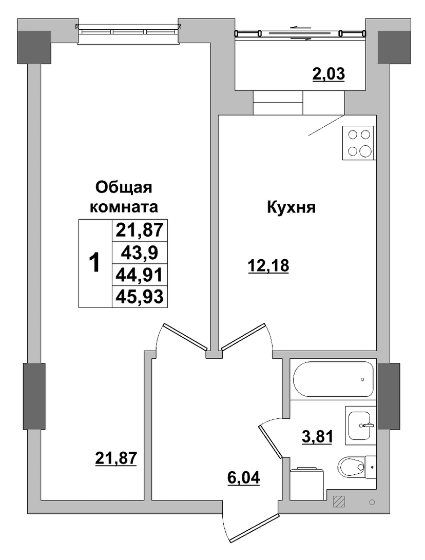 1 комн., 44.91 м²