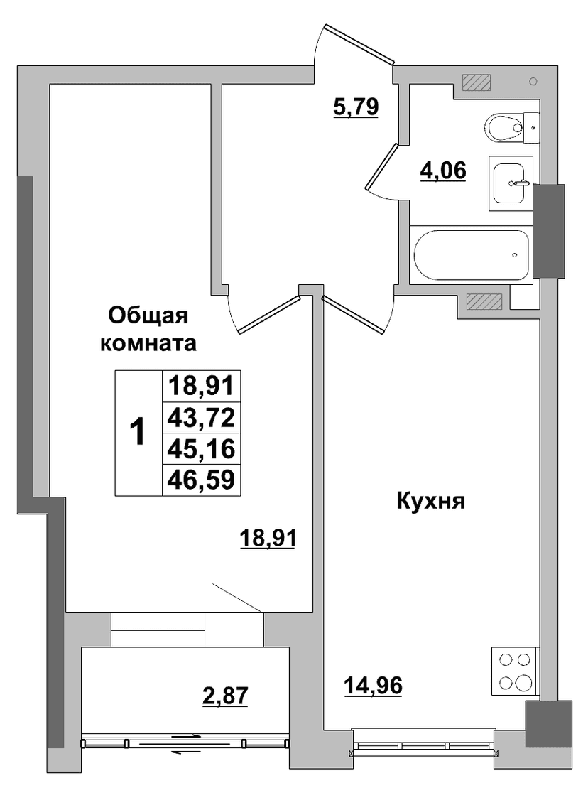 1 комн., 45.16 м²