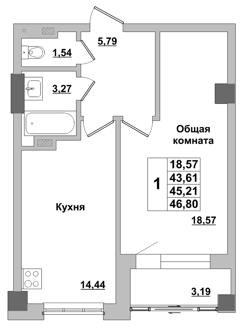 1 комн., 45.21 м²