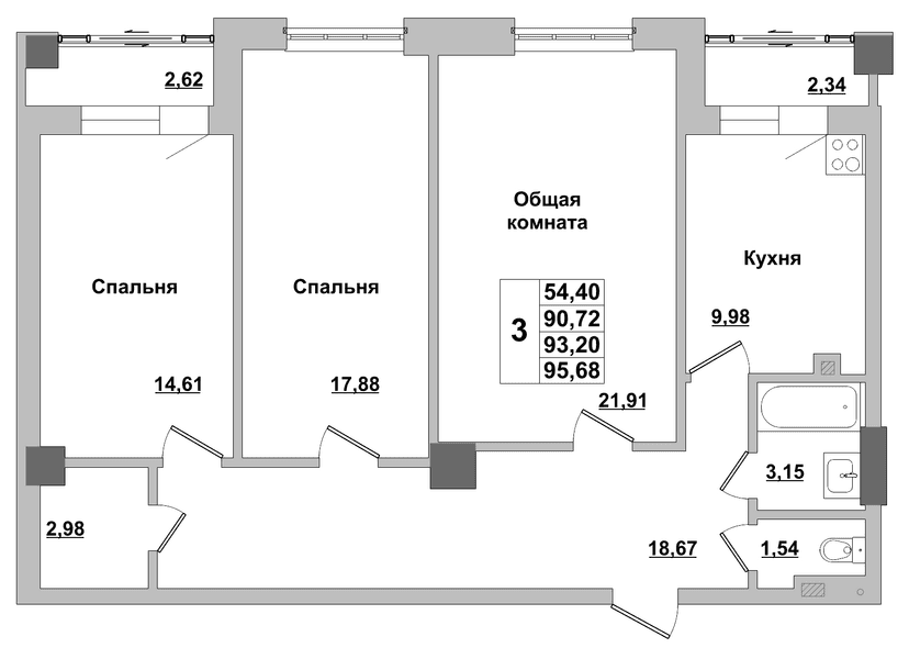 3 комн., 93.20 м²