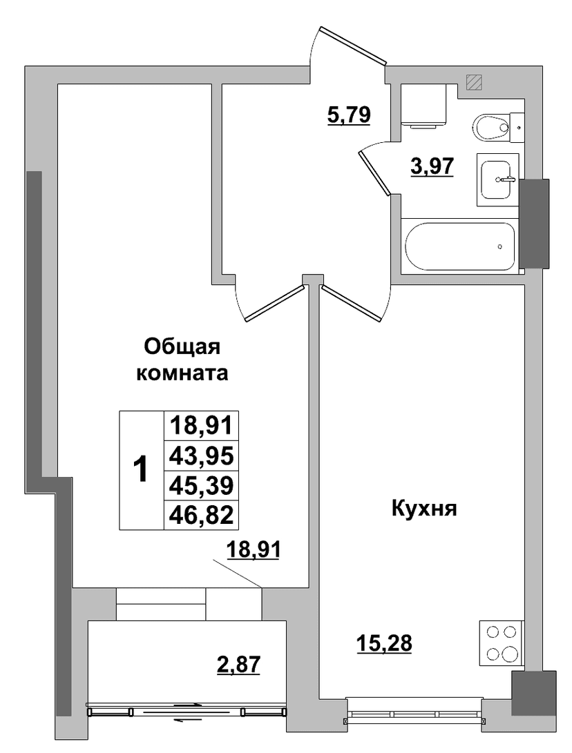1 комн., 45.39 м²