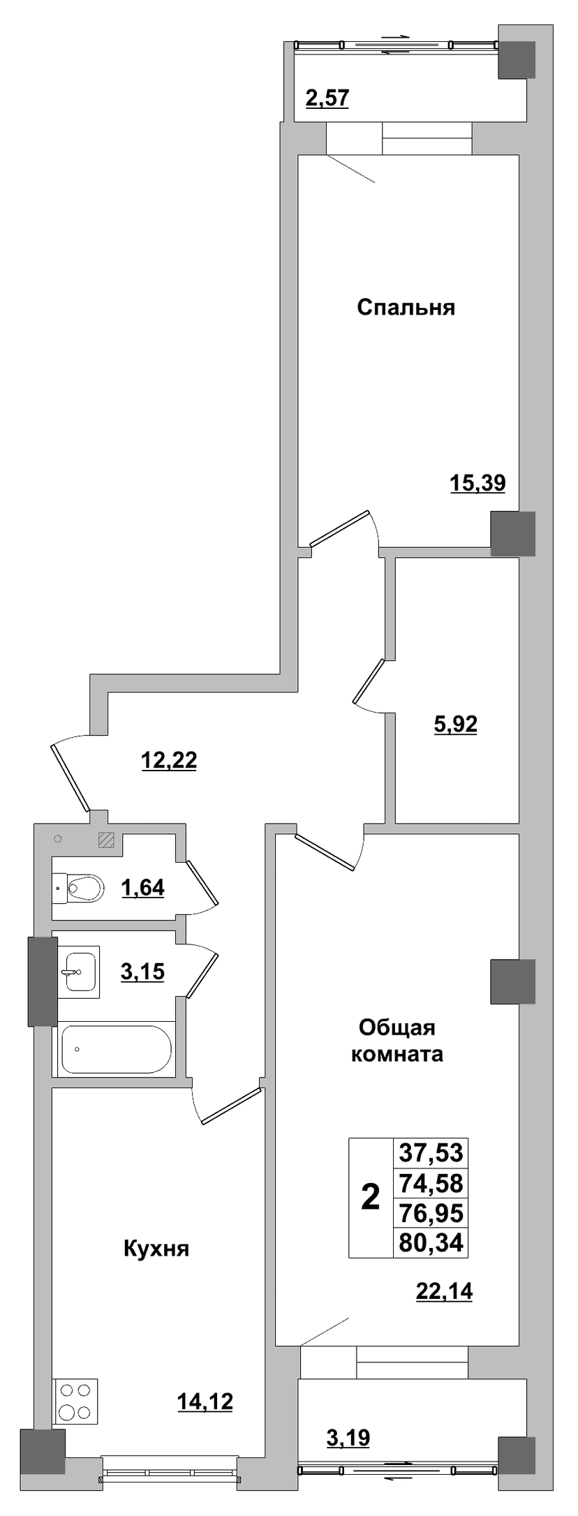 2 комн., 76.95 м²