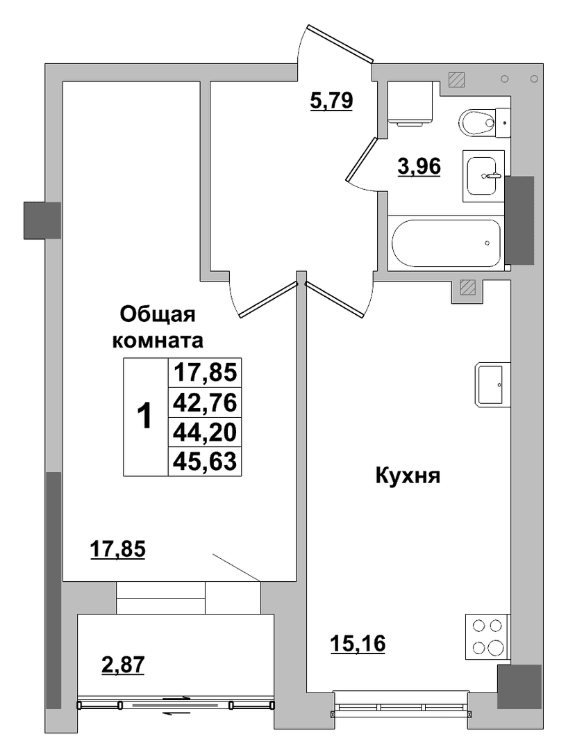 1 комн., 44.20 м²