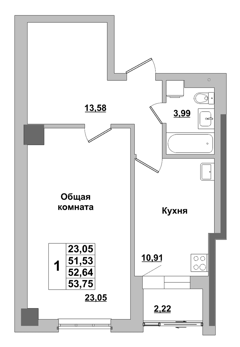 1 комн., 52.64 м²