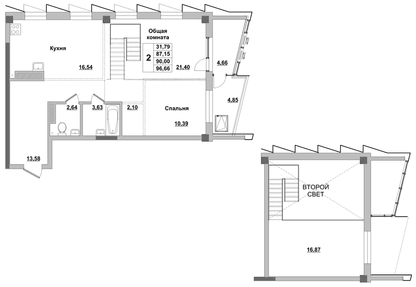 2 комн., 90.00 м²