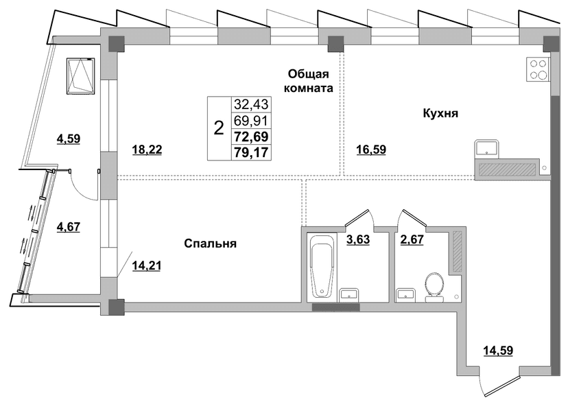 2 комн., 72.69 м²