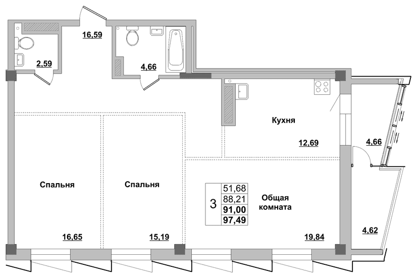 3 комн., 91.00 м²
