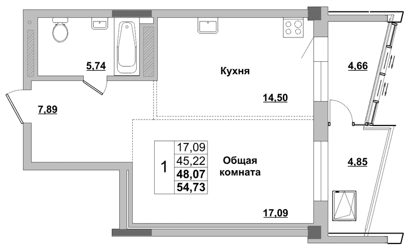 1 комн., 48.07 м²