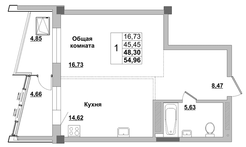 1 комн., 48.30 м²