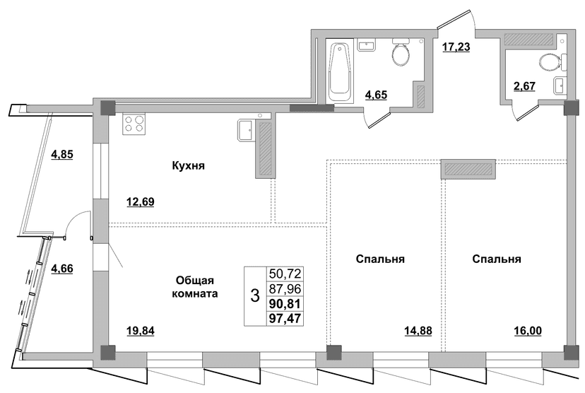 3 комн., 90.81 м²