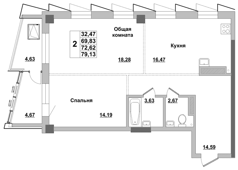 2 комн., 72.62 м²