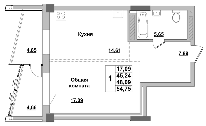 1 комн., 48.09 м²