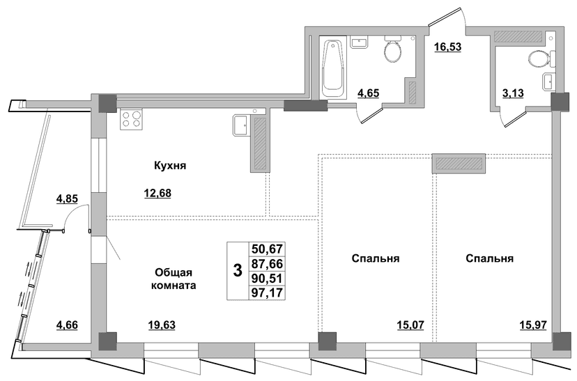 3 комн., 90.51 м²