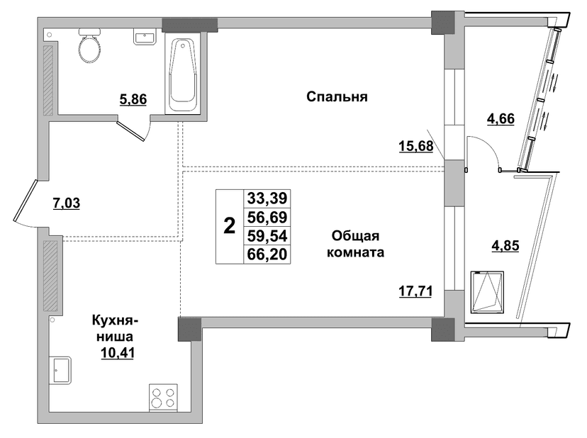 2 комн., 59.54 м²