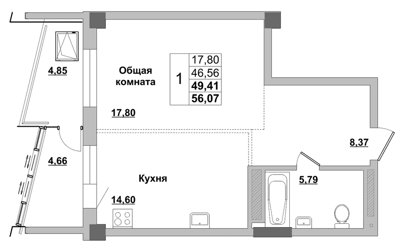 1 комн., 49.41 м²