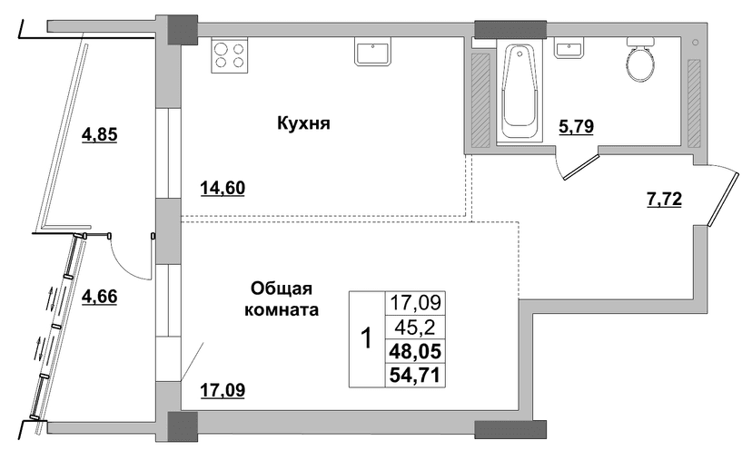 1 комн., 48.05 м²