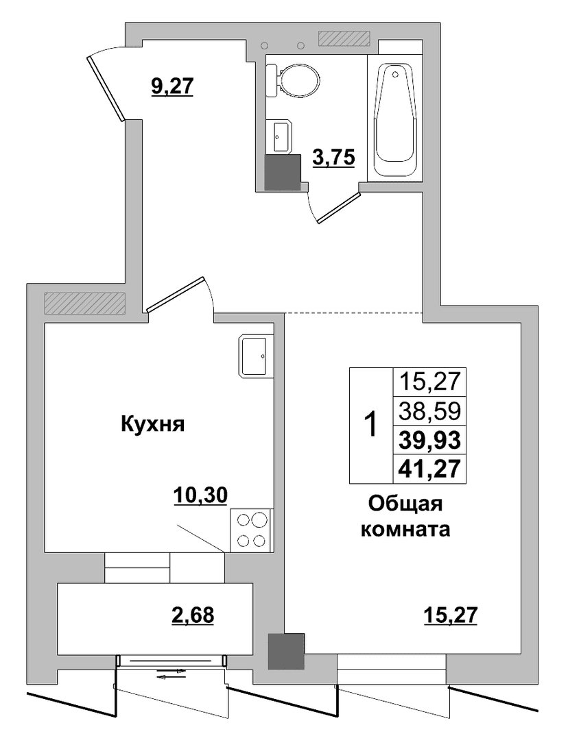 1 комн., 39.94 м²