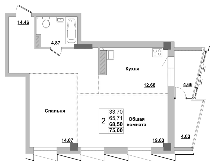 2 комн., 68.50 м²