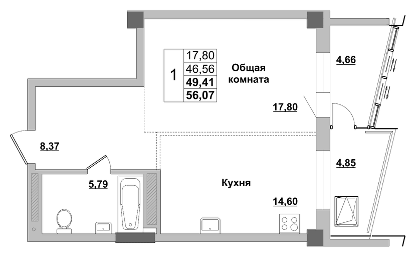 1 комн., 49.41 м²