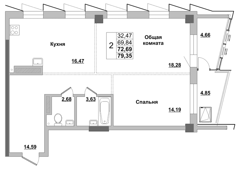 2 комн., 72.69 м²