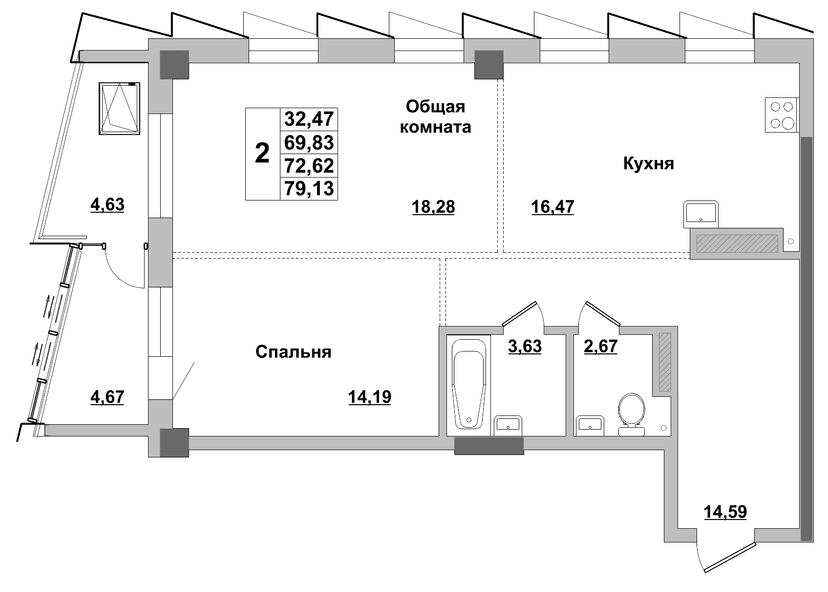 2 комн., 72.62 м²
