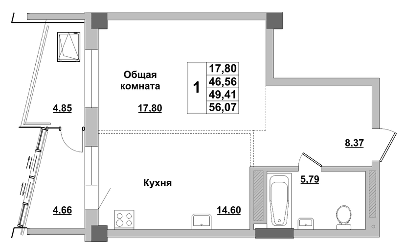 1 комн., 49.41 м²