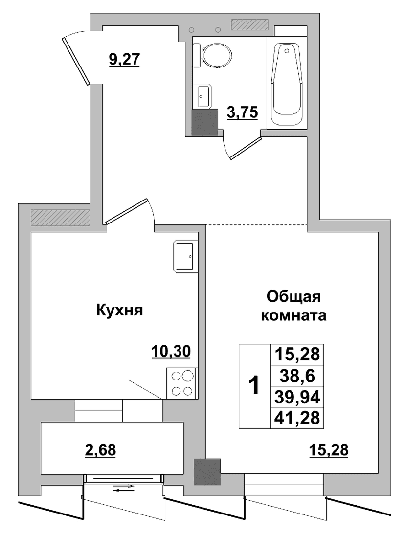 1 комн., 39.94 м²