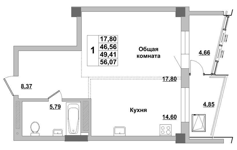1 комн., 49.41 м²