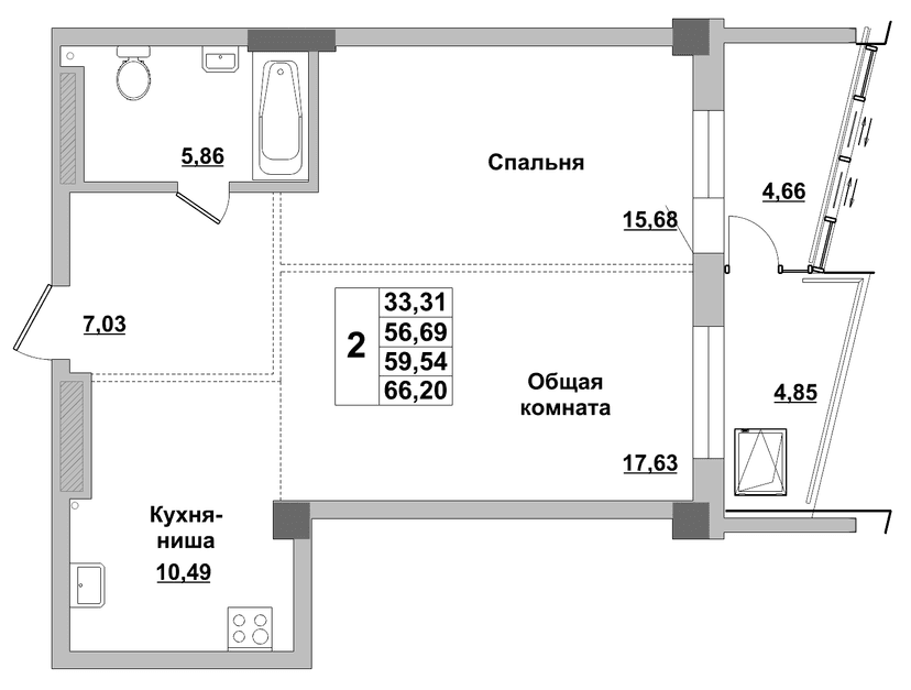 2 комн., 59.54 м²