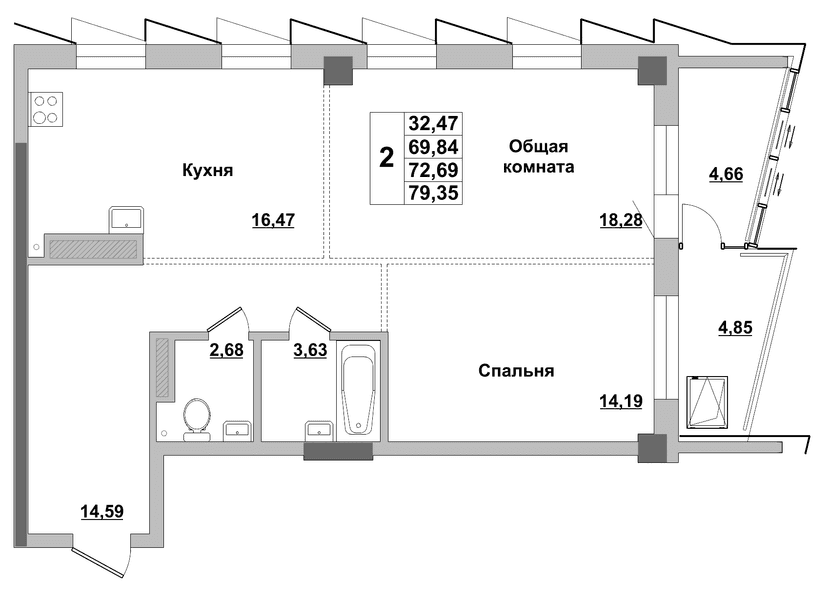 2 комн., 72.69 м²