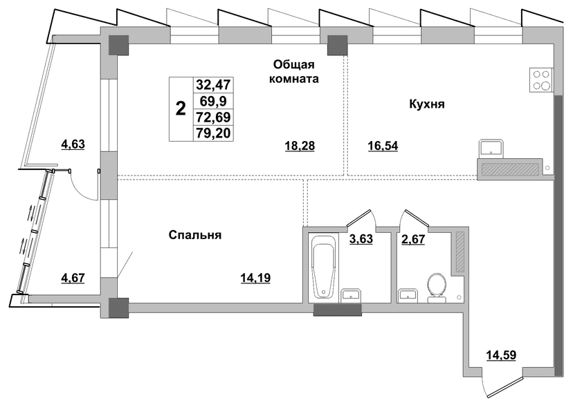 2 комн., 72.69 м²